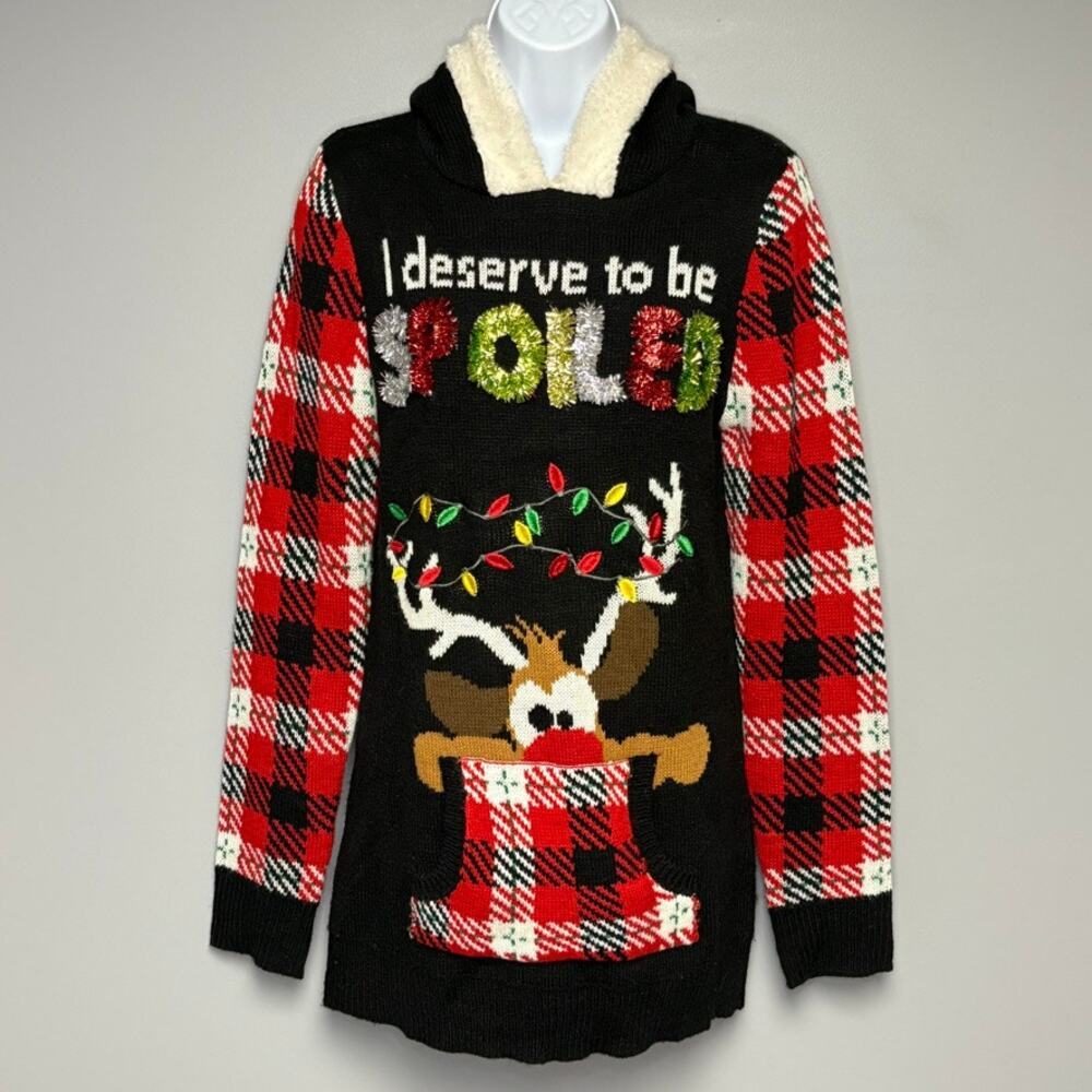 Ugly Christmas Sweater Reindeer Garland Spoiled Cozy Hooded Sweater Womens‎ Sz M